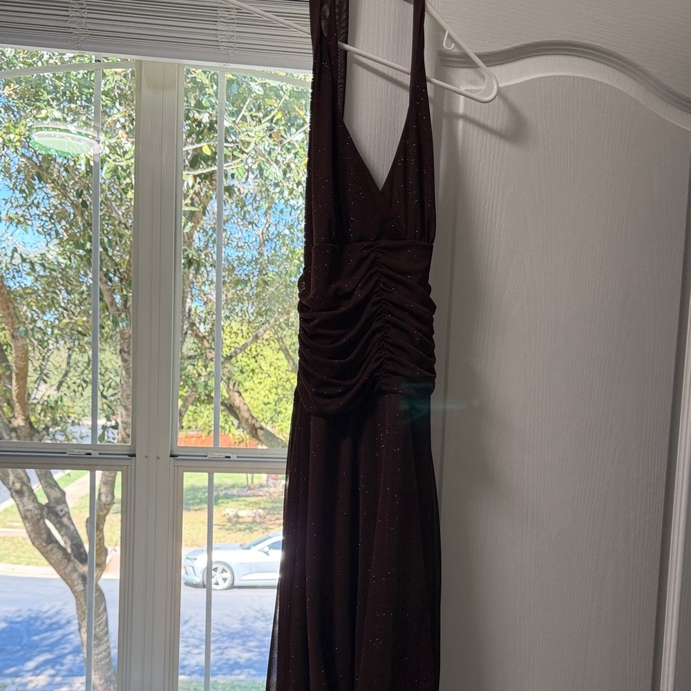Speechless Dark Brown Sparkle Ruched Halter Gown
